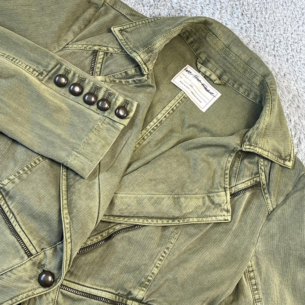 Free People Malika Jacket Army Green Denim Womens XS Utility Boho Military Flare